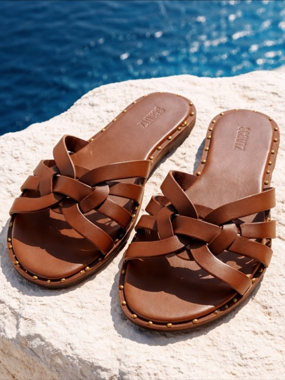 Schutz Phoenix Sandals with Interwoven Straps In Tan Size 9.5B